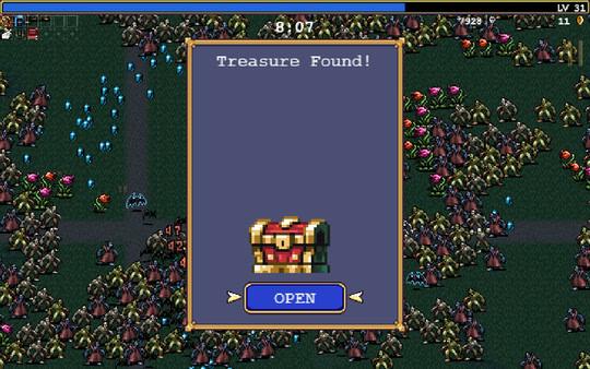 Vampire Survivors screenshot: A treasure chest is found amid a swarm of bats and monsters. Timer at 8:07.