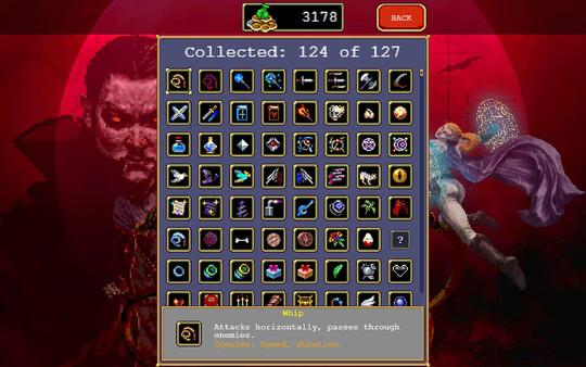 Vampire Survivors screenshot: A character fights while the inventory screen shows collected items, including a highlighted whip.