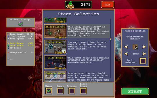 Stage selection screen from Vampire Survivors game. Screenshot shows various stage options, descriptions, and start button.
