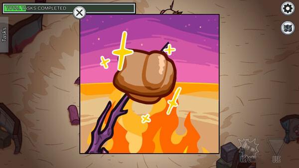 Among Us screenshot: A brown marshmallow on a stick over a campfire, set against a sunset sky with sparkles.