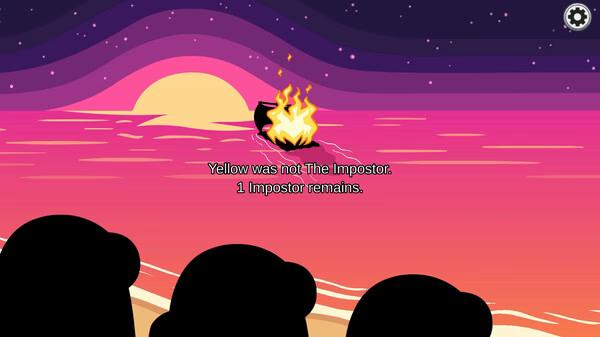 Among Us screenshot: A sunset scene with text "Yellow was not The Impostor. 1 Impostor remains" over a fiery floating object.