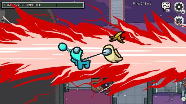 Among Us screenshot showing a blue crewmate attacking a tan crewmate with a laser beam inside a spaceship.