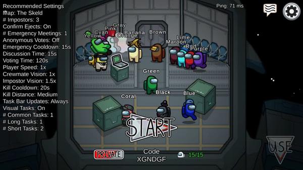 Screenshot of an Among Us lobby with colorful crewmates gathered around the start button inside a spaceship.