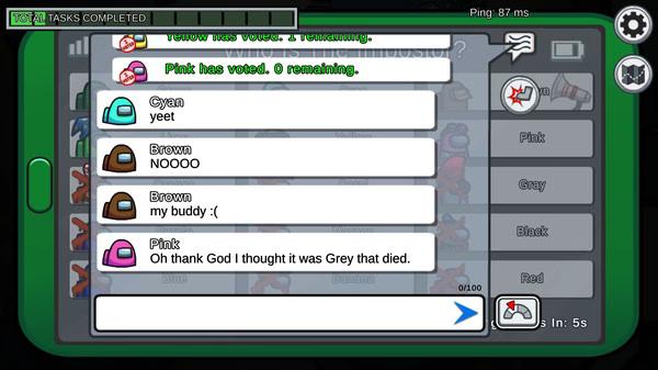 Among Us screenshot: Chat shows players discussing a character's elimination, with Pink relieved it wasn't Grey who died.