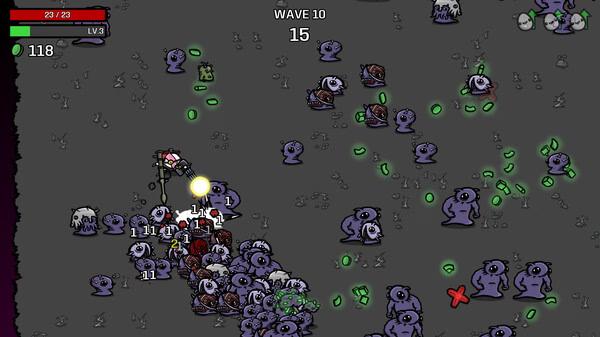 Brotato screenshot: A hero fights off a horde of purple monsters in wave 10, surrounded by glowing green items.