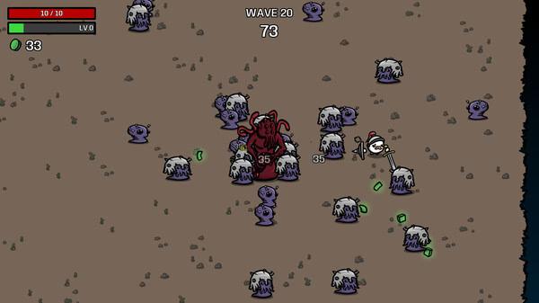 Screenshot from Brotato: A red, horned character battles numerous purple enemies while collecting green items on a brown field.