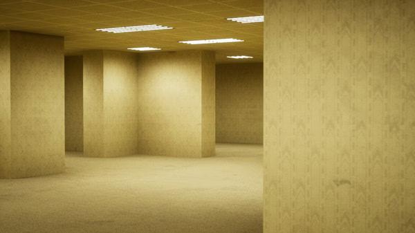 Screenshot from Escape the Backrooms showing an eerie, dimly lit room with beige walls and fluorescent ceiling lights.