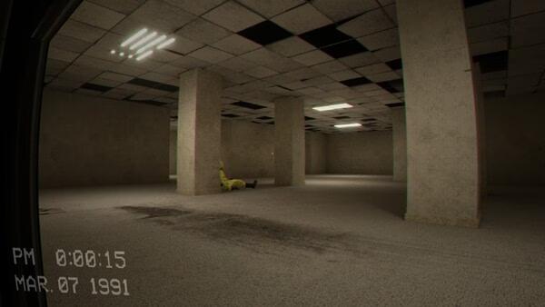 Screenshot from Escape the Backrooms showing a dim, empty room with pillars, tiled ceiling, and a figure lying on the floor.