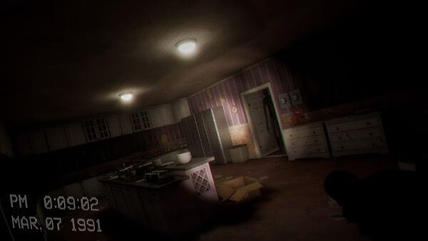 A screenshot from Escape the Backrooms showing a dimly lit kitchen with scattered objects and a mysterious figure in the doorway.