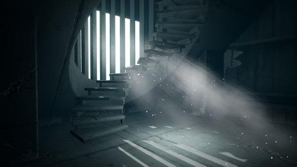 Escape the Backrooms screenshot: A dimly lit spiral staircase leads upwards, illuminated by beams of light through striped windows.