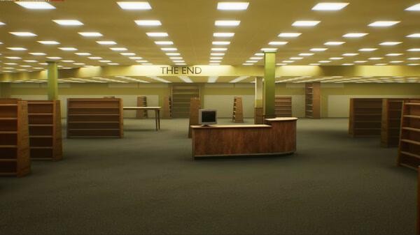 Screenshot from Escape the Backrooms showing an empty, fluorescent-lit room with shelves and a sign reading "The End".