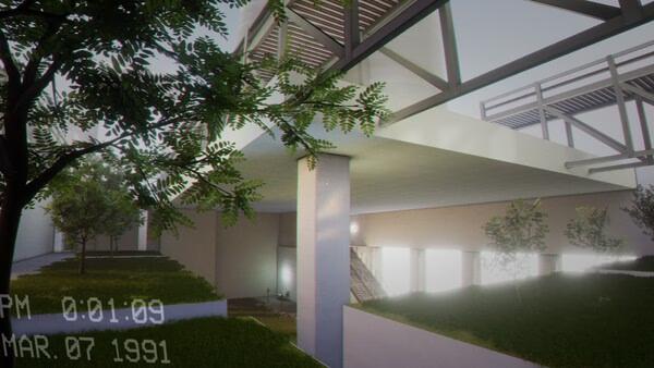Screenshot from 'Escape the Backrooms' showing a grassy courtyard with trees and modern architecture under a clear sky.