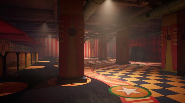 Screenshot from the game 'Escape the Backrooms' showing a dimly lit room with colorful, patterned walls and floors.