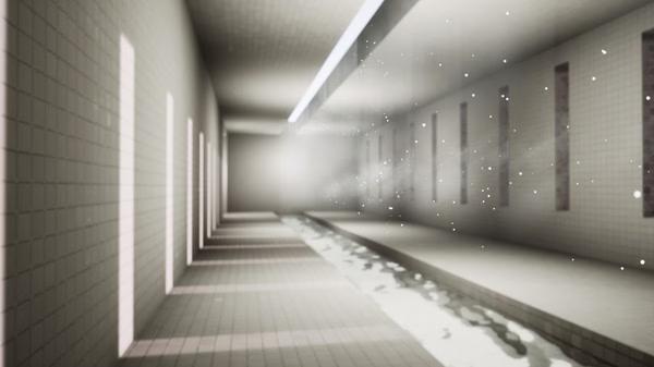 Screenshot from Escape the Backrooms showing a long, tiled hallway with glowing white lights and scattered particles.