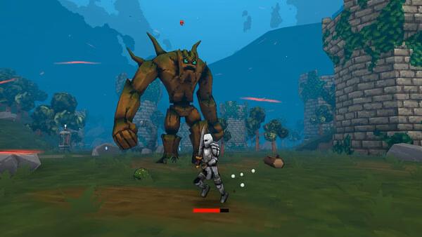 Screenshot from Megabonk showing a knight battling a large, green stone creature in a castle ruin landscape.