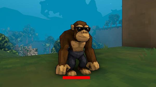 Screenshot from Megabonk showing a pixelated gorilla wearing sunglasses and standing on grassy terrain.