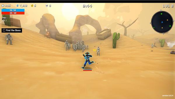 Megabonk screenshot: Player character runs towards a group of robot enemies in a desert landscape with scattered cacti and ruins.