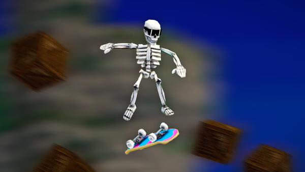 A Megabonk screenshot showing a skeleton mid-air, dodging wooden crates while riding a colorful skateboard against a blurred background.