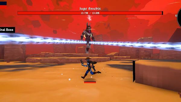 Megabonk screenshot: Player character battles 'Huge Anubis' under a red sky, dodging energy beams in a rocky arena.