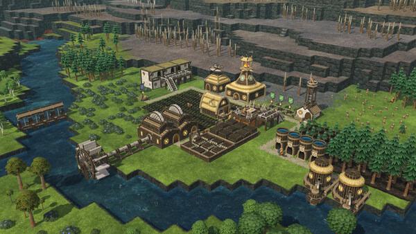 Screenshot of Timberborn showing a detailed beaver settlement with buildings, water wheels, and surrounding trees near a riverbank.