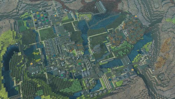 Timberborn screenshot: A sprawling beaver settlement with various buildings, farms, and waterways surrounded by green and brown terrain.