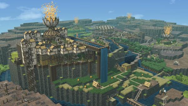 A Timberborn screenshot showing a beaver settlement with wooden buildings, waterwheels, and green fields on elevated terrain.