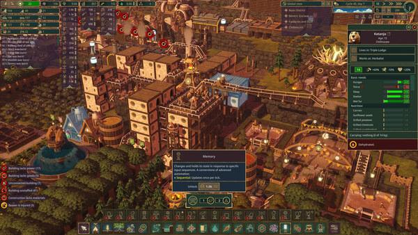 Screenshot from Timberborn showing a bustling beaver city with intricate buildings and pathways, highlighting resource management.