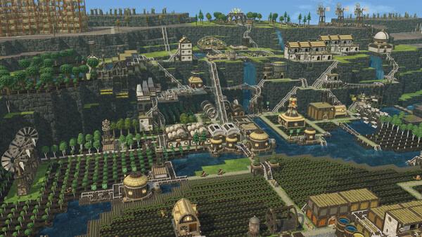 Screenshot of Timberborn showing a detailed beaver city with water wheels, farms, and wooden structures in a lush, sprawling landscape.