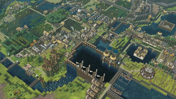 A Timberborn screenshot showing a large beaver settlement with dams, water reservoirs, farms, and various buildings surrounded by greenery.