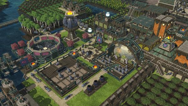 Timberborn screenshot: A bustling beaver settlement with various buildings, crops, and a river running through the landscape.