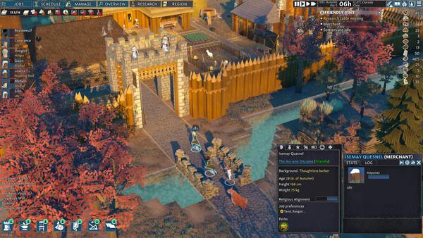 Screenshot of Going Medieval showing settlers building a wooden fort with stone walls, surrounded by trees and a river.