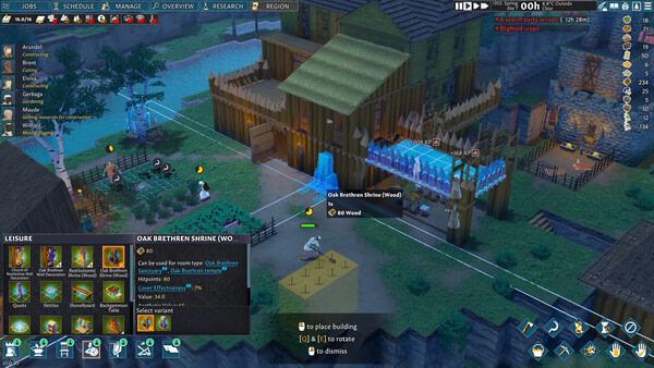 Screenshot from Going Medieval showing a village with buildings, a shrine under construction, and UI elements visible.