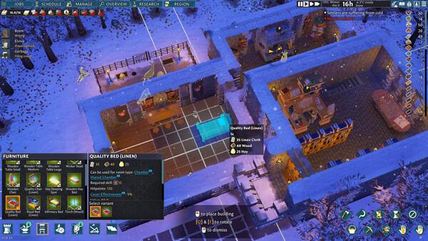 Screenshot from Going Medieval showing a snowy village scene with a furniture menu open and a highlighted bed placement grid.
