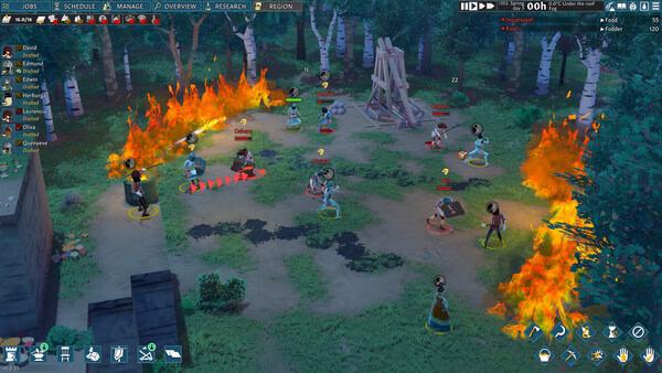 Screenshot from Going Medieval showing a fiery battle scene with settlers defending against attackers in a forested area.