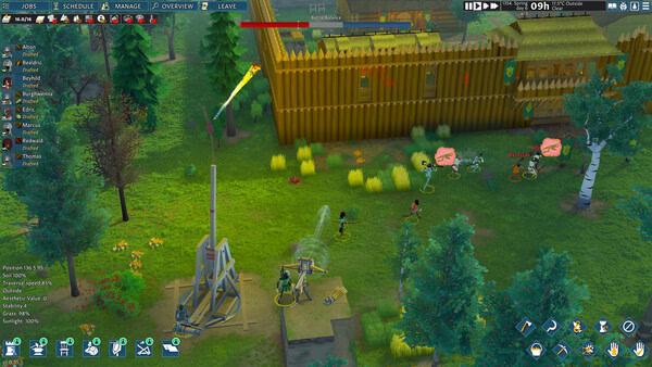 Screenshot from Going Medieval showing a wooden fort under attack. Defenders and a trebuchet are visible amid lush greenery.