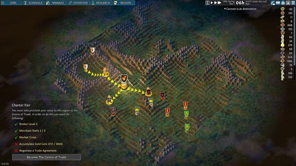 Going Medieval screenshot: A strategic map shows trade routes, resources, and settlements in a medieval-themed environment.
