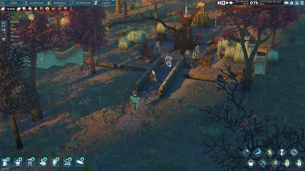 Screenshot from Going Medieval showing characters walking on a stone path through a medieval village with trees and buildings around.