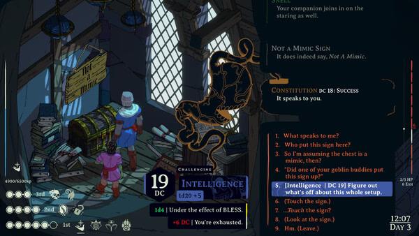 Screenshot from Esoteric Ebb: A character in a mystical library interacts with a glowing sign, choosing dialogue options.