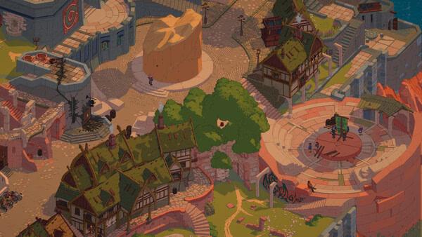 Screenshot from Esoteric Ebb showing a vibrant town square with medieval buildings, a large tree, and a mysterious golden statue.