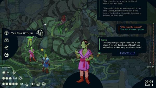 Screenshot of Esoteric Ebb showing a dialogue scene in a forest, with characters discussing an incident and quest updates visible.