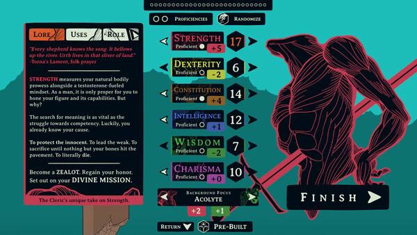 Screenshot of Esoteric Ebb showing character creation with stats like Strength, Dexterity, and Wisdom alongside a silhouette figure.