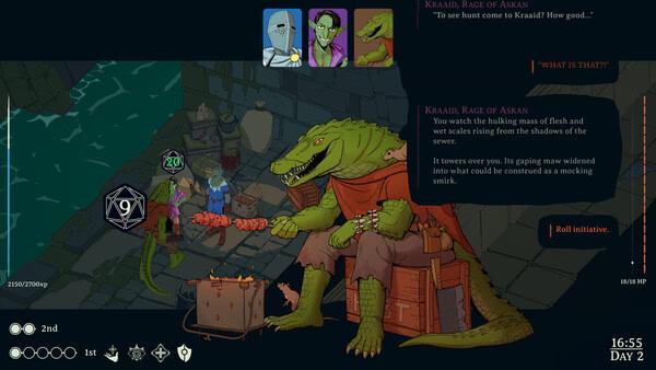 Screenshot from Esoteric Ebb: A lizard-like creature confronts players near a dungeon entrance, dialogue options visible on the screen.