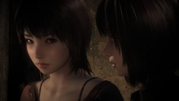 Screenshot from FATAL FRAME II: Crimson Butterfly REMAKE showing two characters in a dimly lit scene, highlighting their hairstyles.