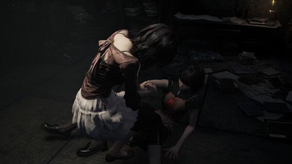 Screenshot of FATAL FRAME II: Crimson Butterfly REMAKE showing two female characters in a dimly lit room.