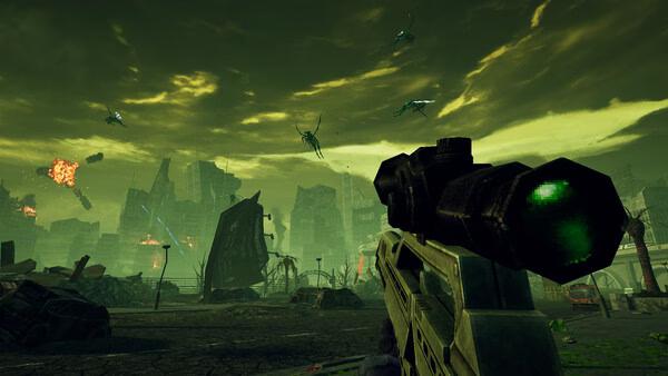 Screenshot from Starship Troopers: Ultimate Bug War! showing a soldier aiming at flying alien bugs in a dystopian landscape.