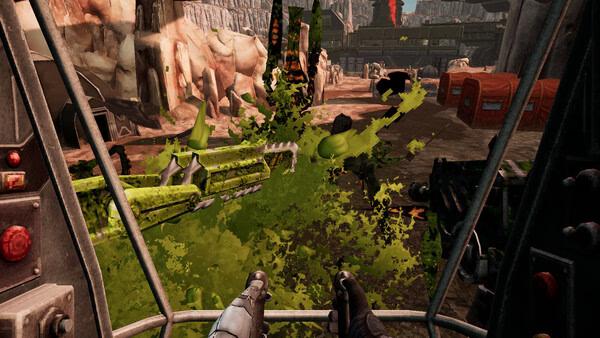 Screenshot from Starship Troopers: Ultimate Bug War! showing a player inside a cockpit firing at green alien bugs in a rocky terrain.