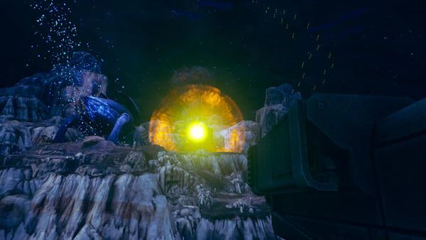 Starship Troopers: Ultimate Bug War! screenshot showing an explosion on a rocky terrain with alien creatures in the background.