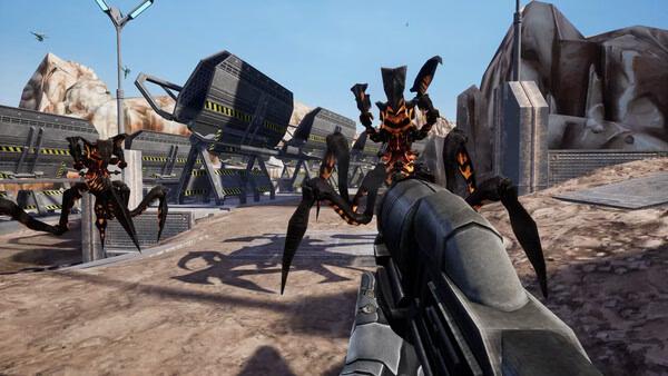 Screenshot from Starship Troopers: Ultimate Bug War! showing a player aiming at giant alien bugs near a futuristic base in a desert landscape.