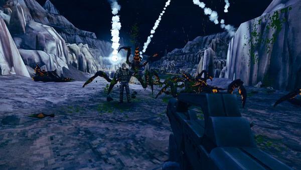 Screenshot from 'Starship Troopers: Ultimate Bug War!' showing a player aiming at giant bugs on a rocky, alien landscape under a starry sky.