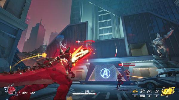 Screenshot from Marvel Rivals showing a dynamic battle scene with heroes and a dinosaur in front of a building with an Avengers logo.